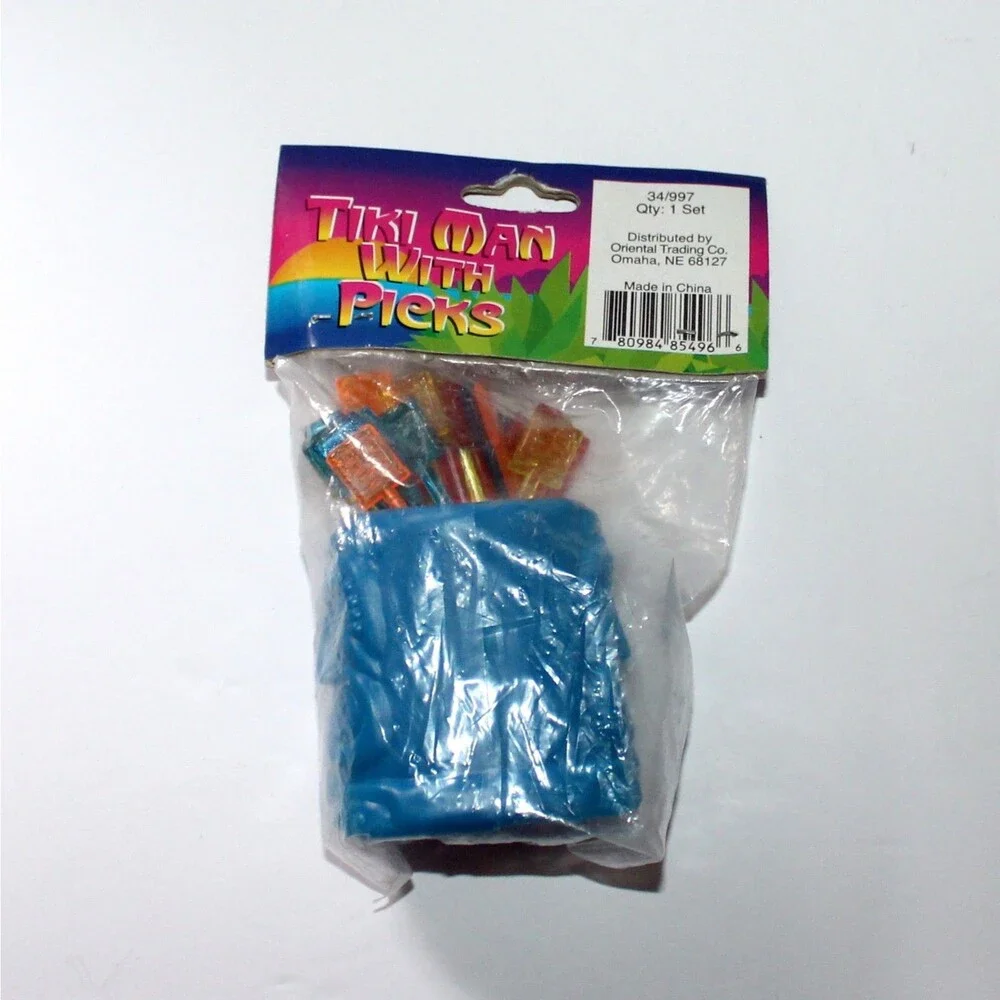 Tiki Picks with Holder blue plastic 34 pieces hula cocktail party